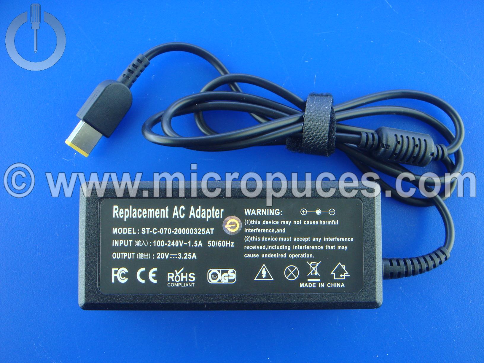 Chargeur NEUF de remplacement 20V 3.25A pour LENOVO
